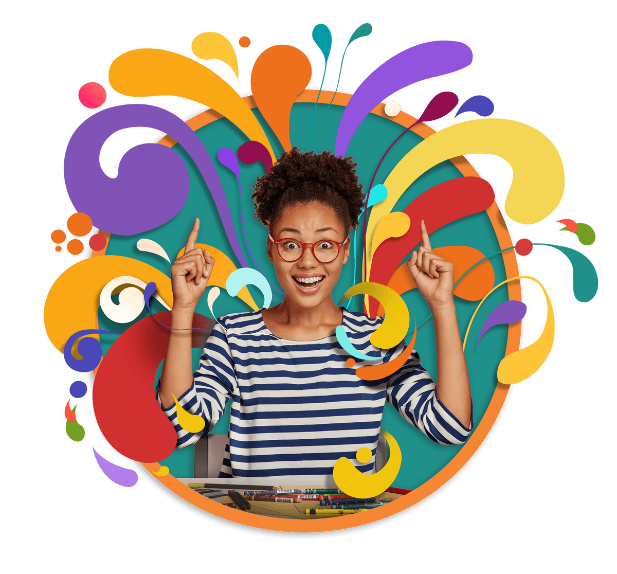 Vibrant color strokes surround a woman, showcasing creative ideas from Weditt's professional graphic design team