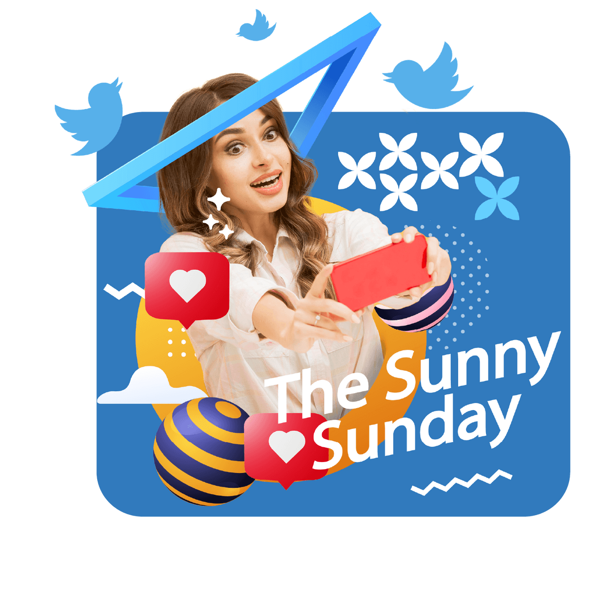 Social media design featuring a vibrant illustration of a woman taking a selfie with social media elements and decorative graphics, showcasing creative digital design by Weditt Studio.