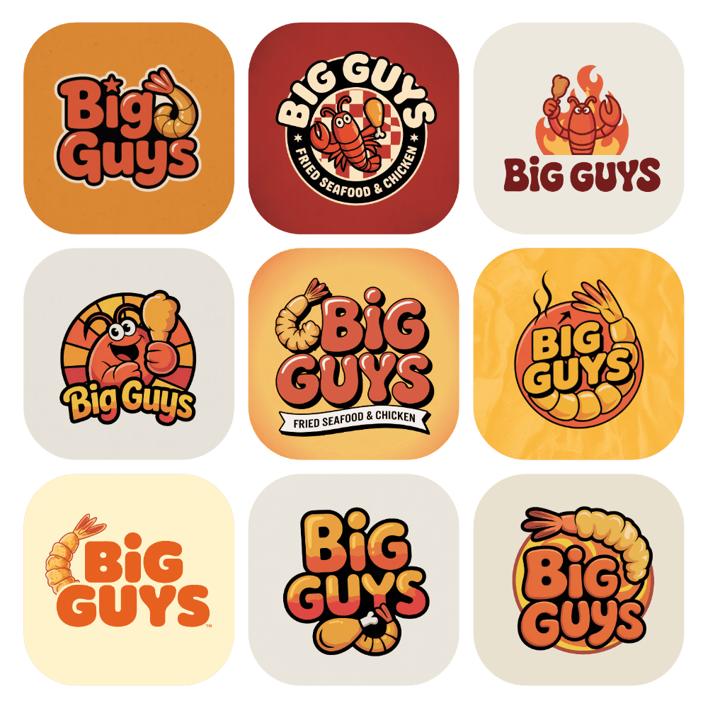 Big Guys Fried Seafood & Chicken — nine AI logo style variations in a grid