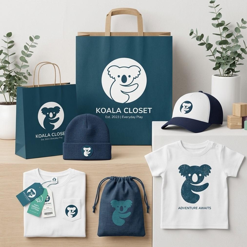 Koala Closet brand mockup—organic cotton apparel, bags, and responsible merchandising