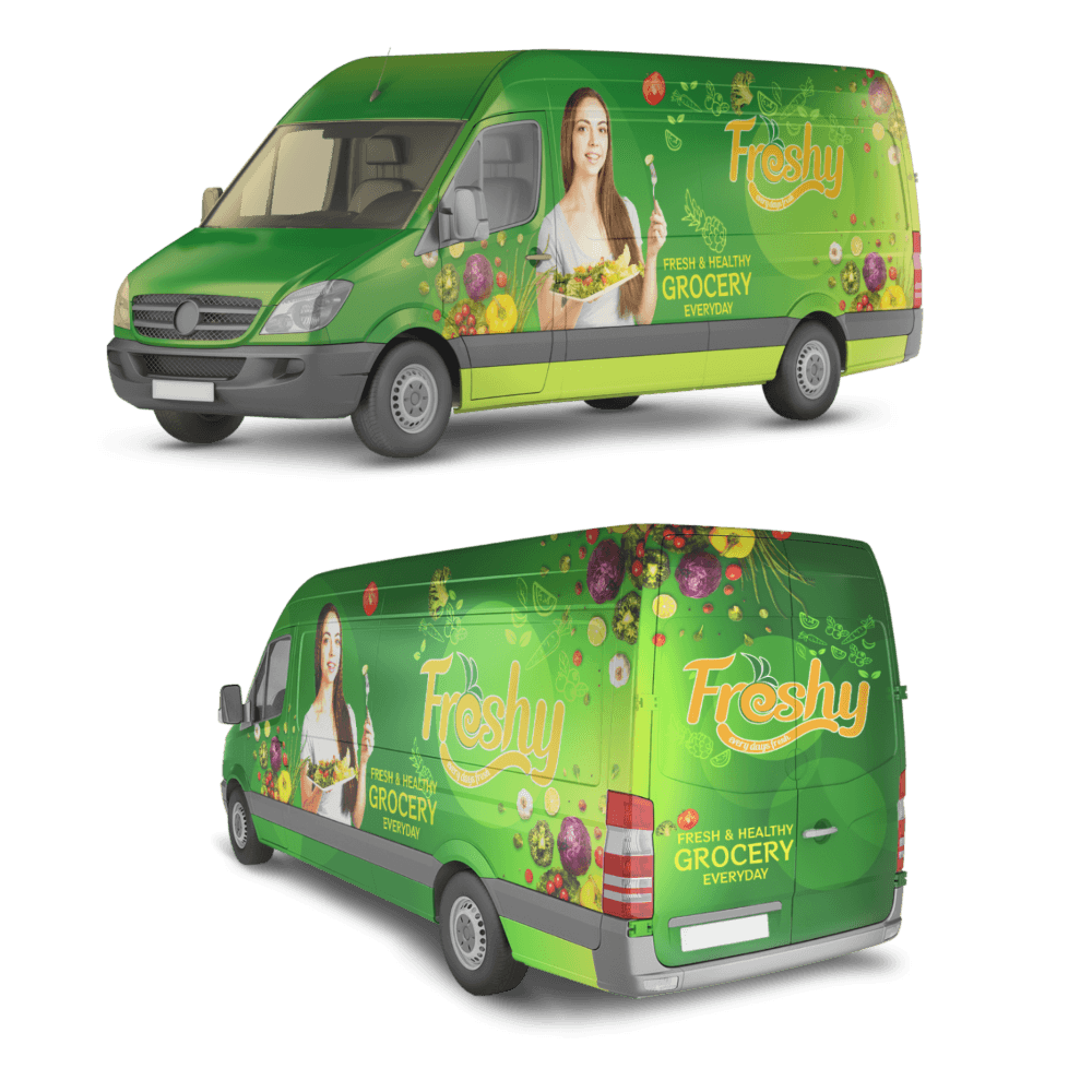 Vehicle wrapping and vinyl design example - Freshy grocery delivery van wrap